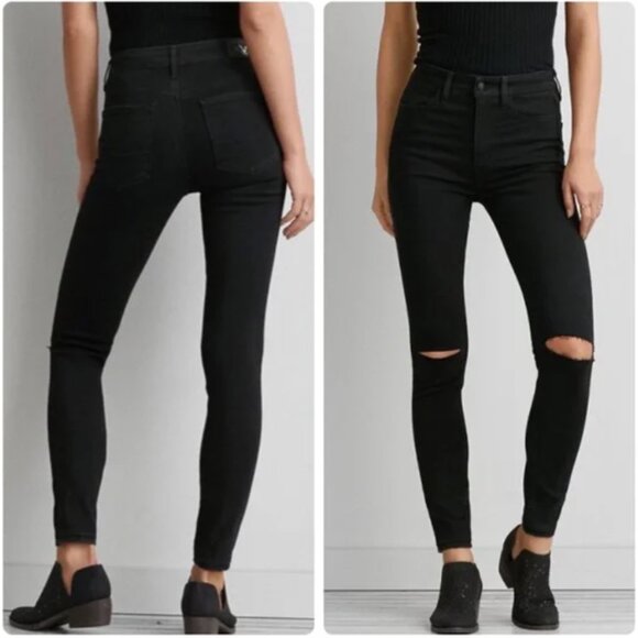 American Eagle Highest Rise Black Jeggings Distressed Size 6 X-Long - Picture 1 of 13